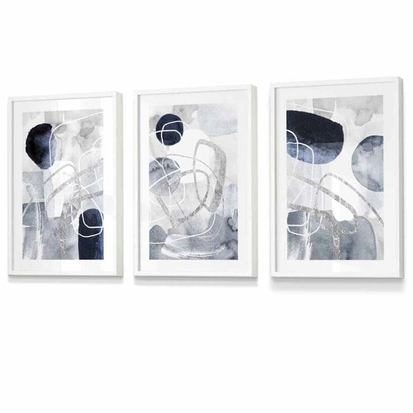 Artze Wall Art Abstract Blue and Silver Shapes Set of 3 Framed Art Prints