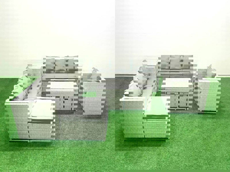 Fimous Wicker PE Rattan Sofa Garden Furniture Set with Oblong Coffee Table Armchair 3 Footstools Side Table Light Grey Mixed