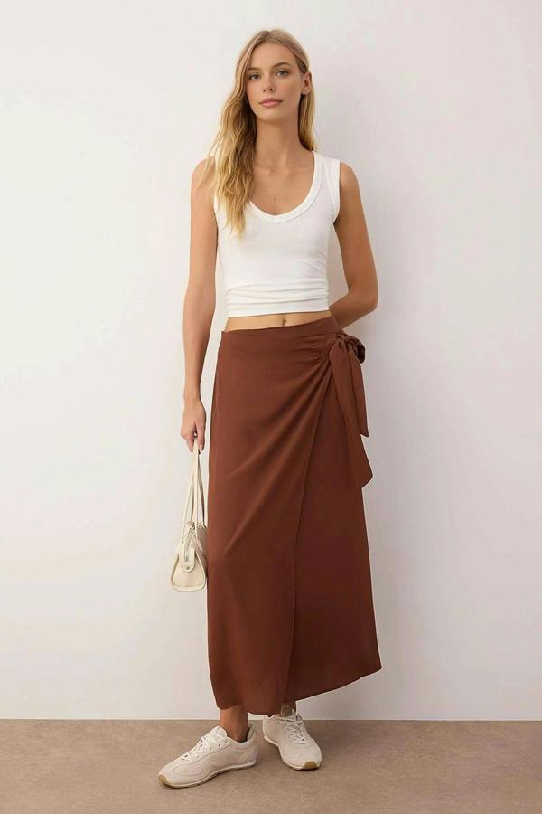 WOVCOR Double Breasted Maxi Length Woven Skirt with Tie Detail