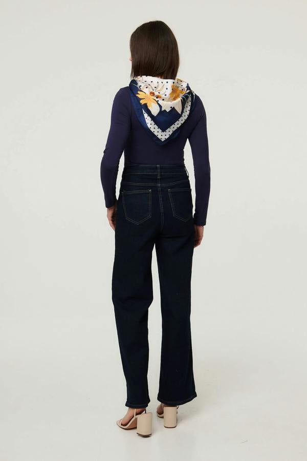 Navy | Floral Border Print Satin Texture Scarf