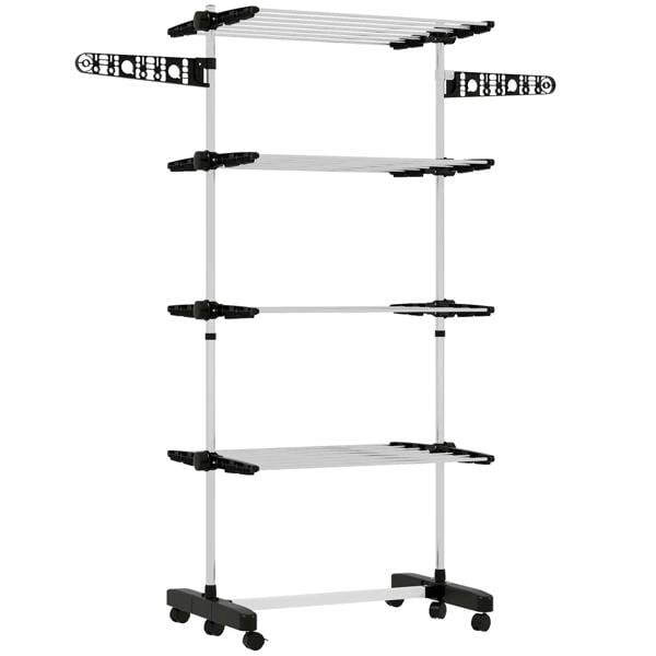 Black four-tier collapsible clothes drying rack with side arms and wheeled base