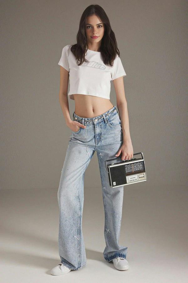 WOVCOR Ribbon/Bow Detailed Stoned Regular Waist Wide Leg Jeans