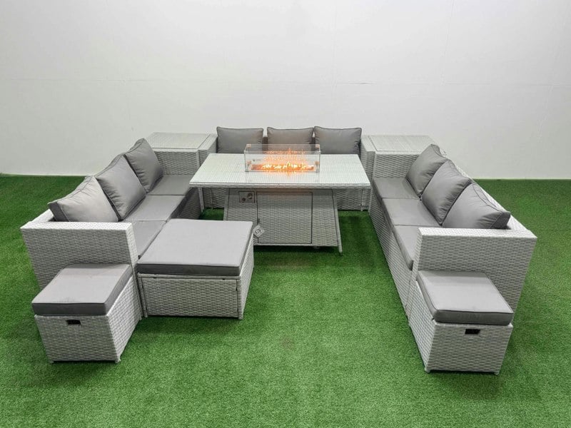 Fimous PE Rattan Lounge Sofa Set Outdoor Garden Furniture Set with Fire Pit Dining Table 3 Seater Sofa 2 Side Table 3 Stools Light Grey