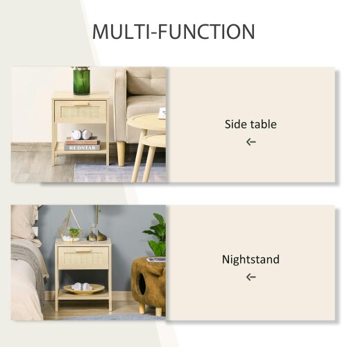 Wyld Haus Tafa Natural Wood Bedside Table With Rattan Drawer And Open Storage Shelf