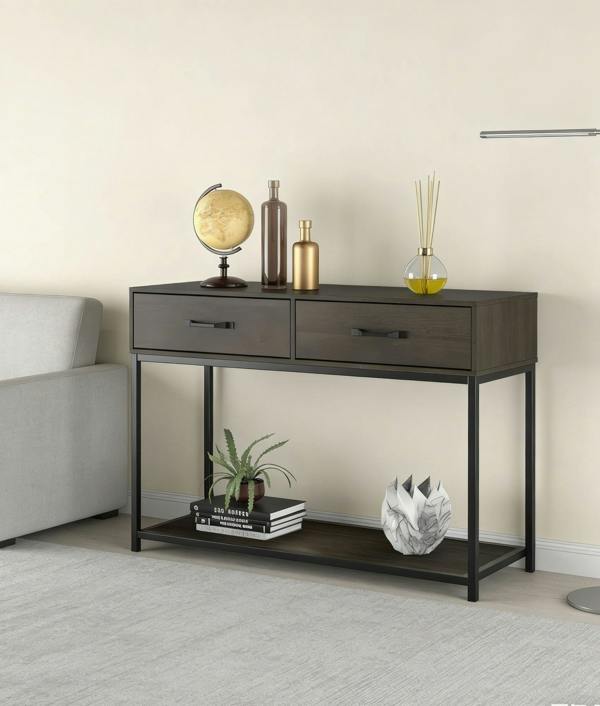 ADOV Console Table with 2 Drawers, Industrial Hallway Table with Open Shelf and Metal Frame for Living Room