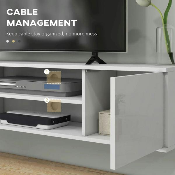 White TV stand cabinet with cable management cutouts behind open media shelves