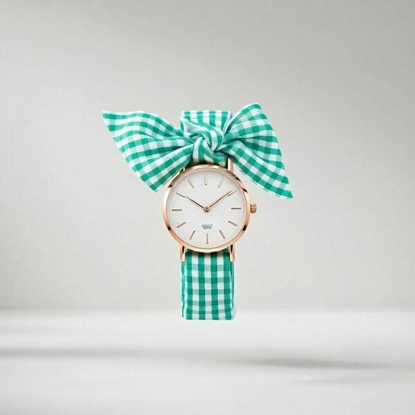The Colourful Aura Green Plaid Cloth Changeable Cotton Tie Knot Strap Geneva Boho Wristwatch