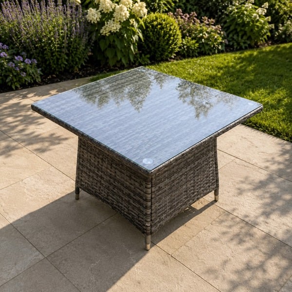 Fimous PE Rattan Outdoor Square Dining Table Garden Furniture Accessory Clear Tempered Glass