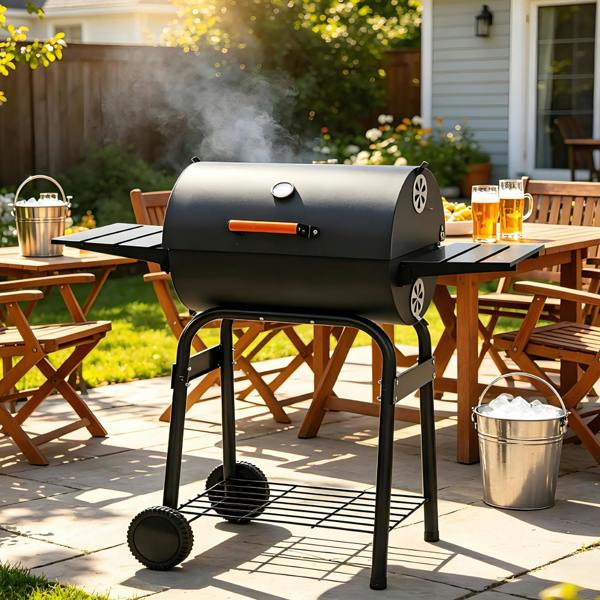 Gr8 Garden Large Charcoal Barrel BBQ Grill Smoker with Thermometer Side Table and Wheels