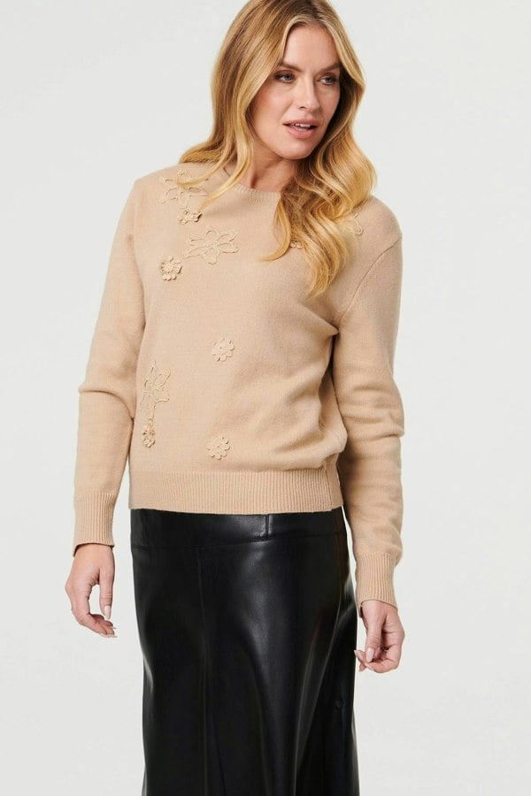 Beige | Floral Textured Detail Relaxed Jumper

