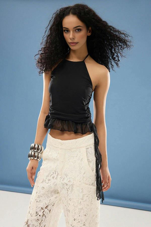 Halter Neck Sleeveless Ruffle Detail Tulle Mesh Blouse