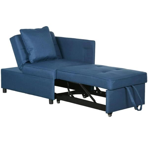 Blue 3-in-1 sofa bed with thick padded seat and two back cushions, open bed frame