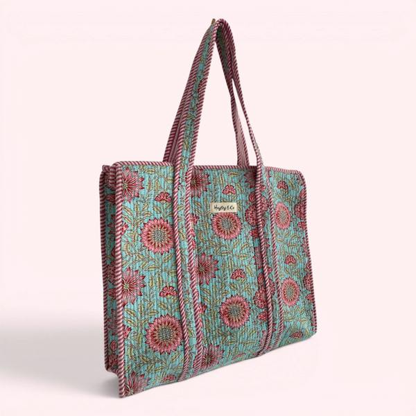 Hayley & Co Blue and Pink Floral Quilted Cotton Tote Bag