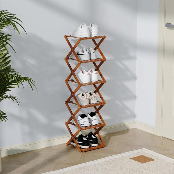 Living and Home 6 Tier Bamboo Folding Shoe Rack Shoe Storage Organiser - Walnut