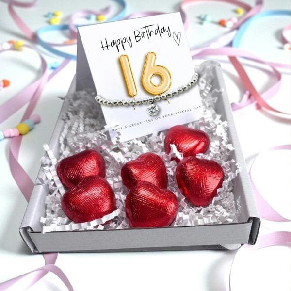 Aye Do Gifts 16th Birthday Gift Box, Cubic Zirconia Bracelet & Chocolate Hearts