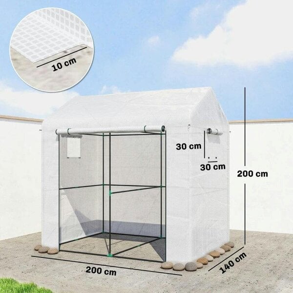 Bobobiy Walk-in Greenhouse, Outdoor Tomato Greenhouse with Roll-up Door and Mesh Windows, PE Cover, 200 x 140 x 200cm, White