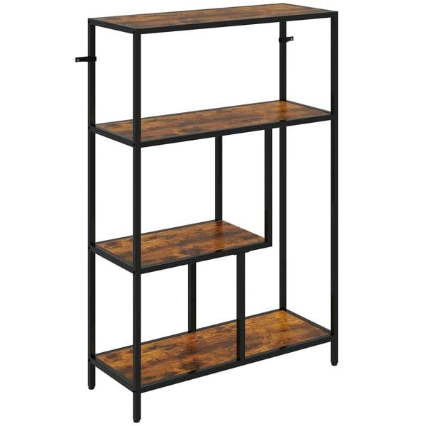 Rustic brown 4-tier open bookshelf with metal frame and three open shelves