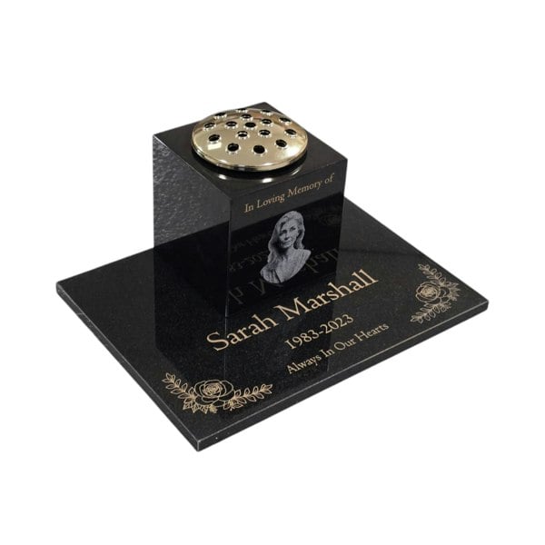 Memorials Direct Granite Memorial Vase and Tablet, Solid Granite, Add a Portrait Image, 6x6x6 Inches, 8KG, Includes Flower Pot Insert