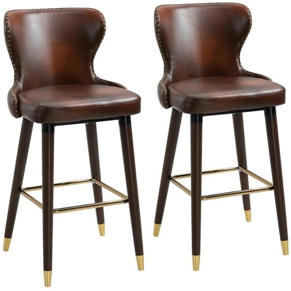Brown PU leather bar stools set of 2 with back, footrest, and wood legs