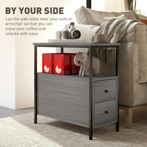 Wyld Haus Loto Wooden Grey Wood Effect Narrow Bedside Table With 2 Drawers And Top Shelf
