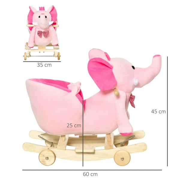 Pink plush elephant ride-on rocker with bow and wooden base with front wheels
