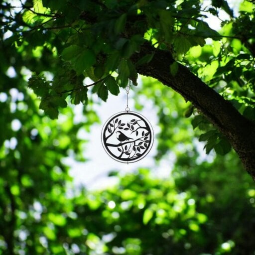 EDH Door Hardware Metal Robin in Tree Silhouette Wind Spinner Garden Ornament - Black 28cm - Eye-Catching Art for Outdoor Spaces