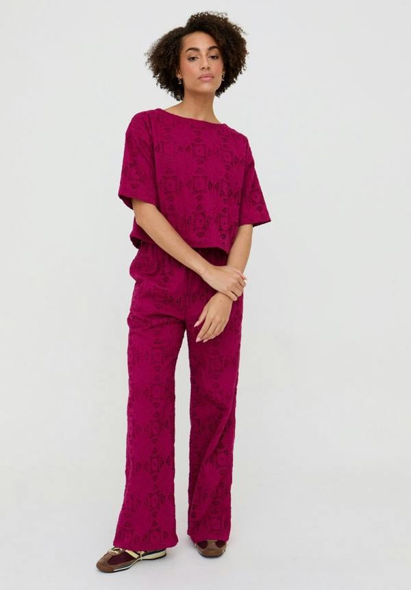 Raffya Opal Broderie Anglaise Wide Leg Trouser In Pink