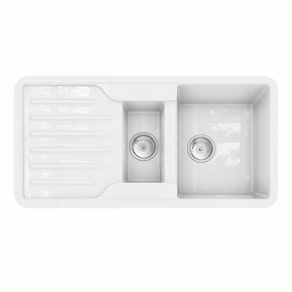 Flode Traditional Gloss White Comite 1.5 Bowl Kitchen Sink & Drainer | 1000 x 500mm | Left or Right Handed | Supplied with Basket Strainer Wastes