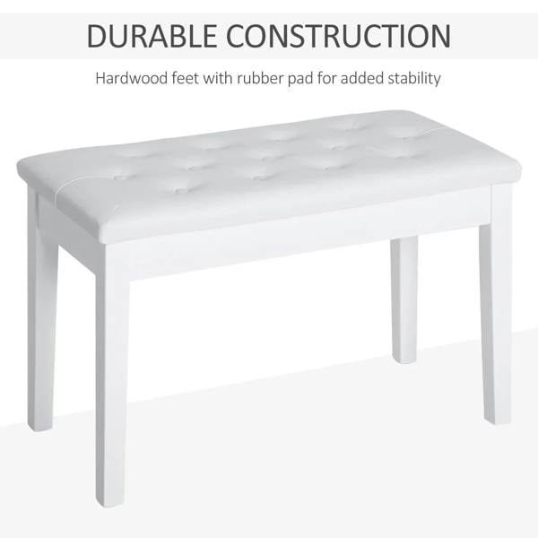 White upholstered storage piano bench stool with sturdy hardwood legs