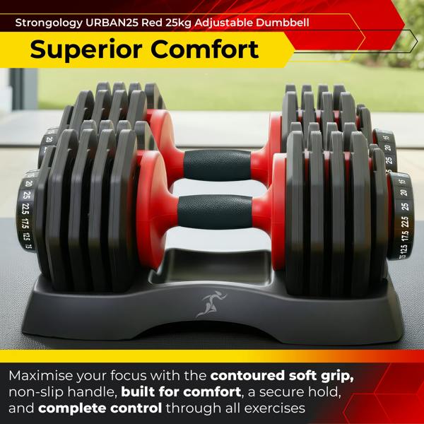 Homeology Urban25 Pair Home Fitness Black Red Adjustable Smart Dumbbells from 2.5kg up to 25kg Training Weights