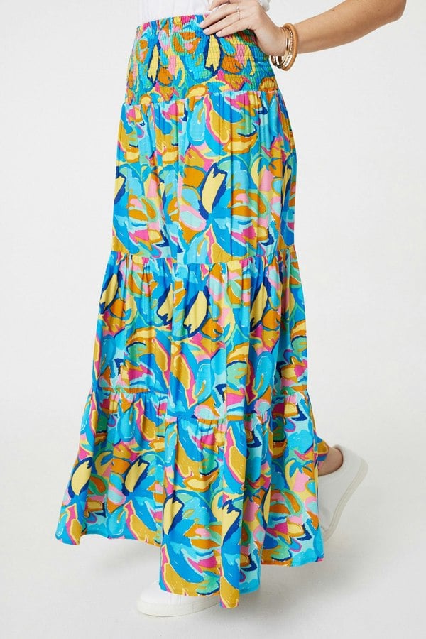 Blue | Abstract Shirred High Waist Maxi Skirt
