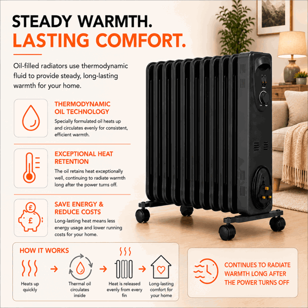 MYLEK Oil Filled Radiator 2500W Portable Heater Thermostat 3 Heat Settings Grey