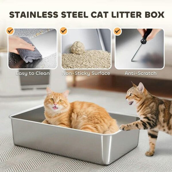XL Stainless Steel Litter Box w/ 100° Flip Top, Scoop, Side Top Dual Entry, Odor Free, Easy Cleaning, Anti Leakage