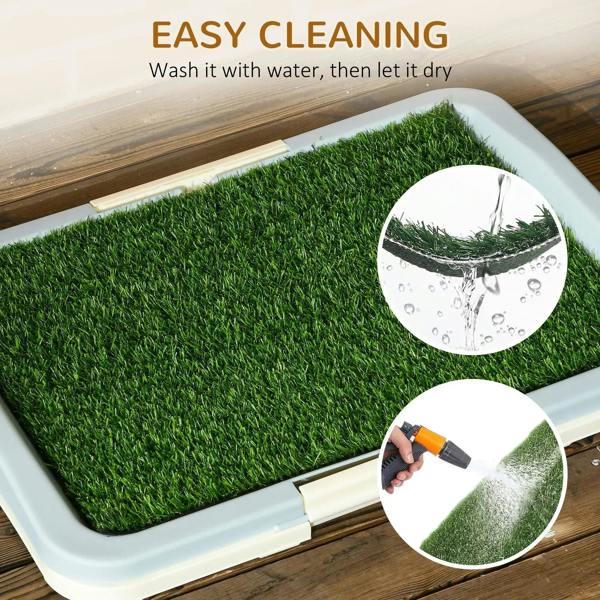 Green artificial grass puppy training pad with water spray and cleaning details