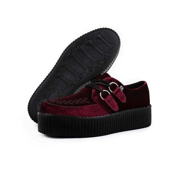 TUK Footwear TUK Viva High Creeper Burgundy Velvet Platform Lace-Up Goth Shoes - AV6802