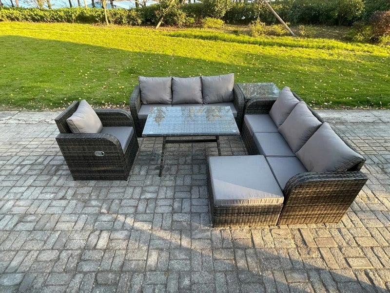 Fimous Outdoor Lounge Sofa Set - Dark Grey Mixed Wicker Rattan Garden Furniture with Rectangular Dining Table & Reclining Chair