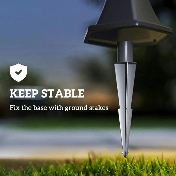 Black solar lantern stake base connection below the post for stable ground mounting.