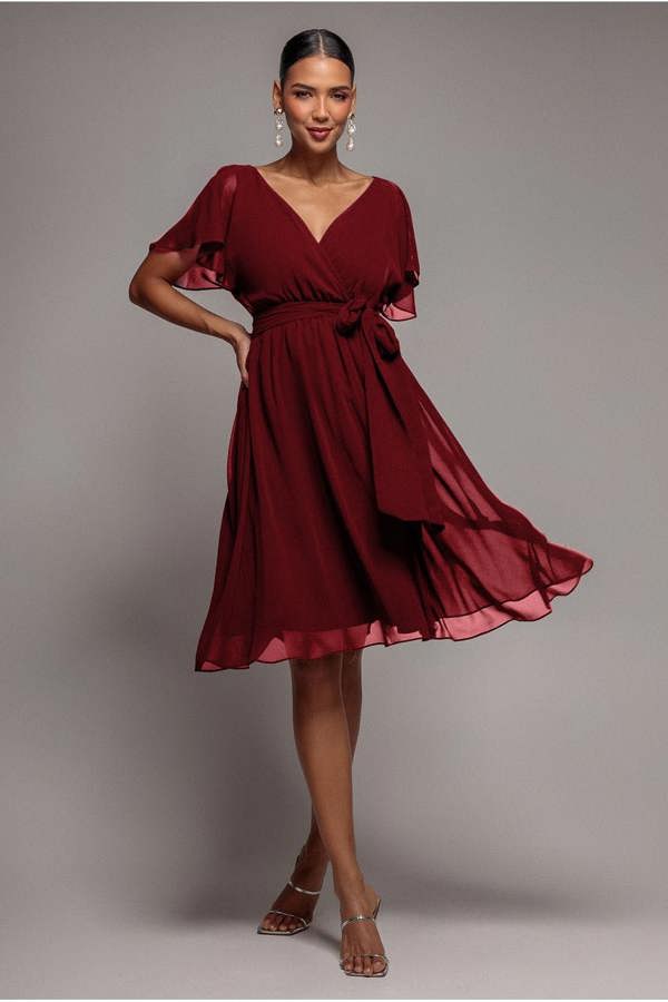 Chiffon Flutter Sleeve Wrap Midi Dress - Berry DR2555B