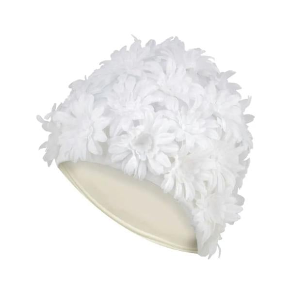 White floral swim cap with satin band fascinator