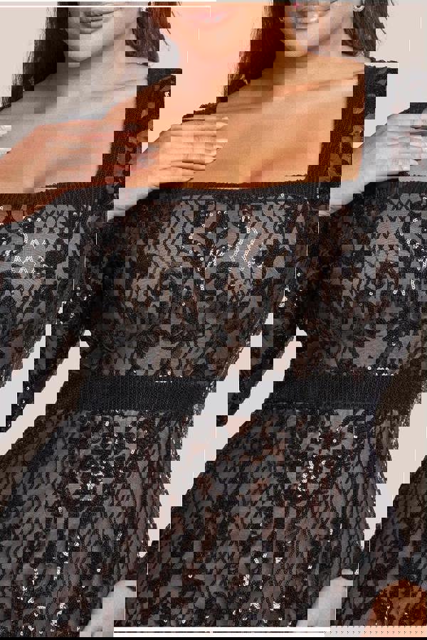 Sequin Square Neck Maxi With Scallop Hem - Black DR4038PLUS