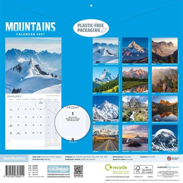 Mountains Calendar 2027, Wall Calendars, Month To View, Natural World, Gift