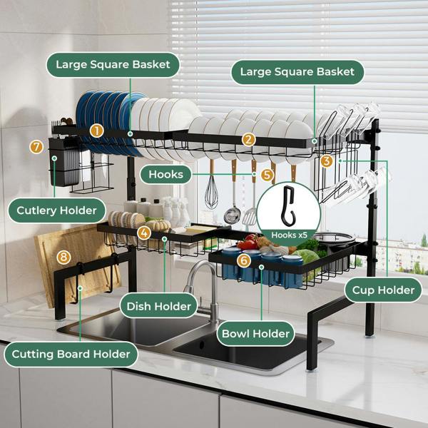 Toque Over Sink Dish Drying Rack 2 Tier Adjustable Drainer Rack Space Saving