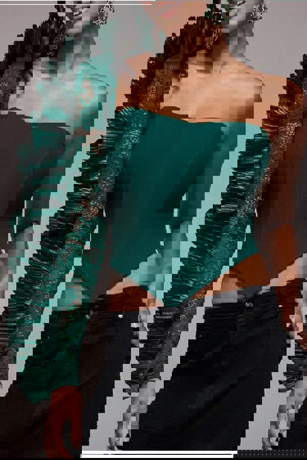 One Shoulder Fan Pleat Frill Corset Top - Emerald Green T232