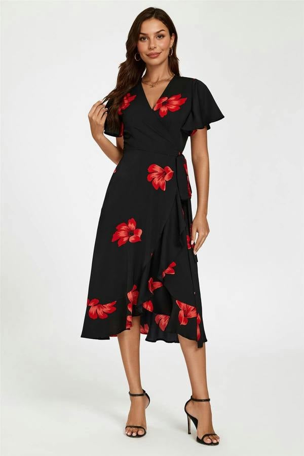 FS Collection Floral Print Angel Sleeve Wrap Dress In Black