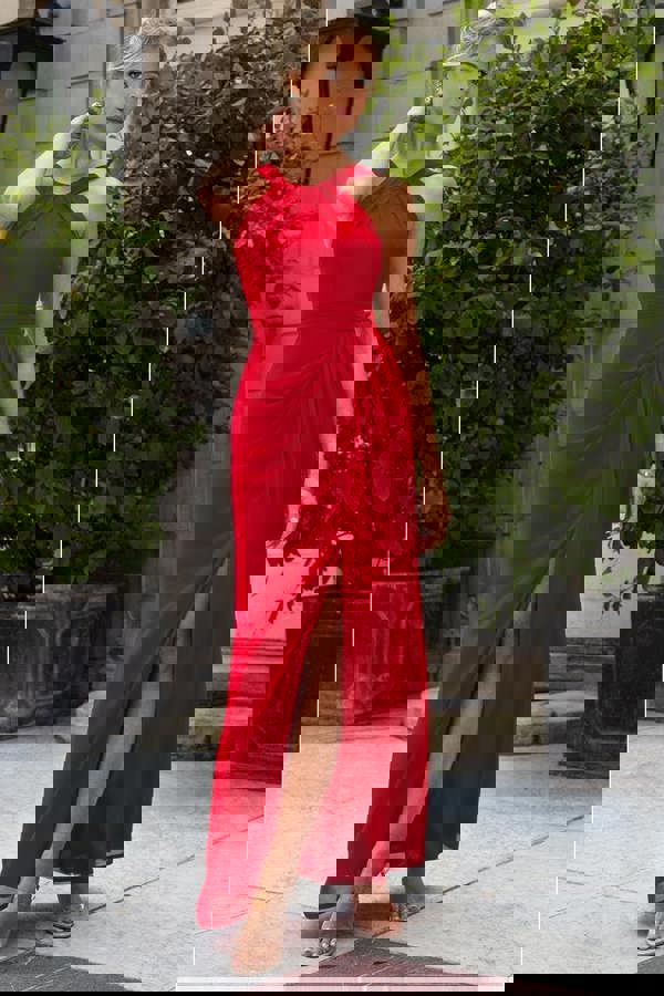 Halterneck Thigh Split Chiffon Maxi Dress - Red DR4610