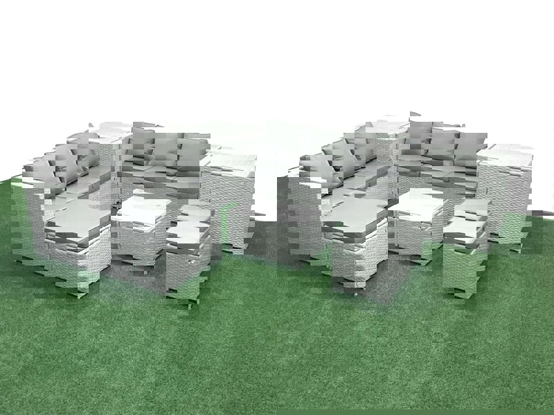 Fimous Rattan Garden Outdoor Furniture Set 9 Seater Rattan Garden Sofa Set with 3 Footstools 2 Side Tables Light Grey Mixed