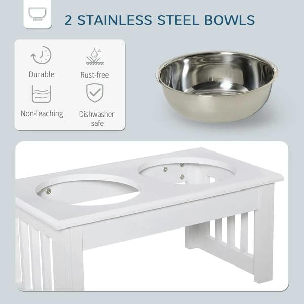 White raised feeding stand featuring two stainless steel bowls