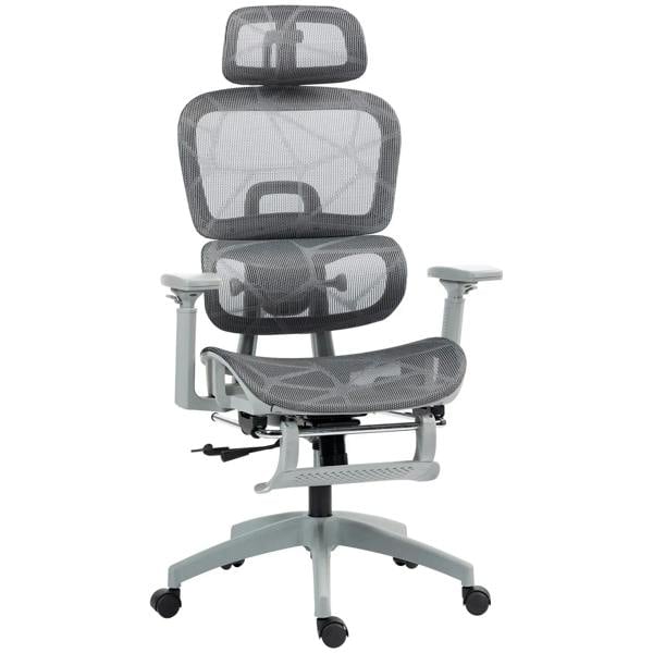 Grey mesh office chair with tall backrest, padded armrests, and five-star wheeled base