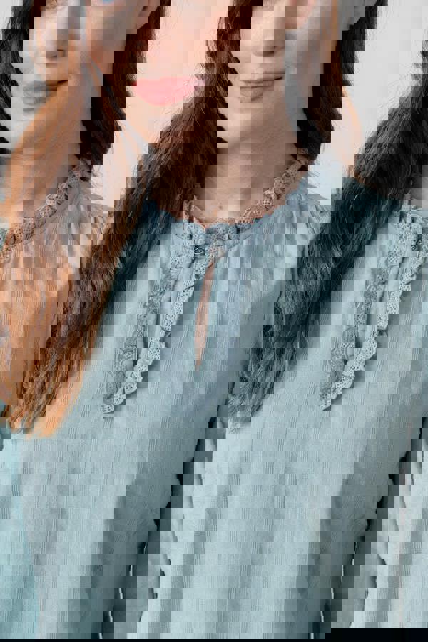 Lily & Me Emily Cotton Check Keyhole Blouse Ice Blue