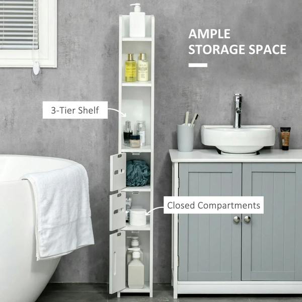 White tall bathroom cabinet with open shelves and lower closed cupboard compartments